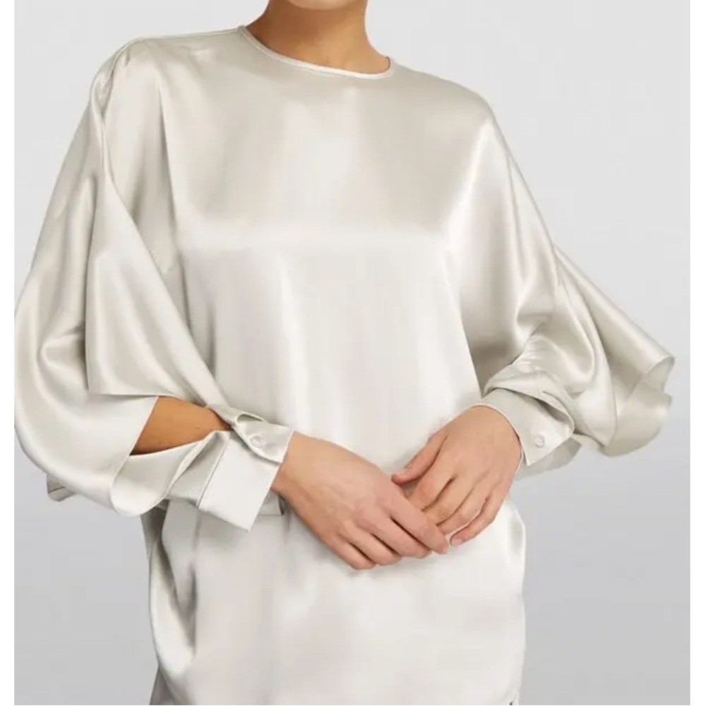St. John Liquid Satin Blouse with Dramatic  Sleeves Crystal Buttons Coral Large - Picture 5 of 16